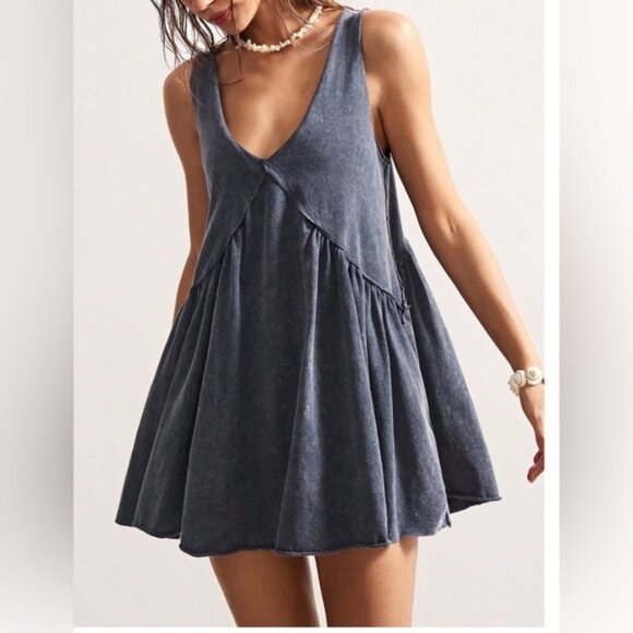Boho  V-Neck Loose Knit Short Dress Gray - Picture 6 of 8